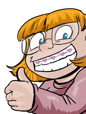 Cartoon Girl Character at The Super Dentists Wearing Braces & Giving Thumbs Up