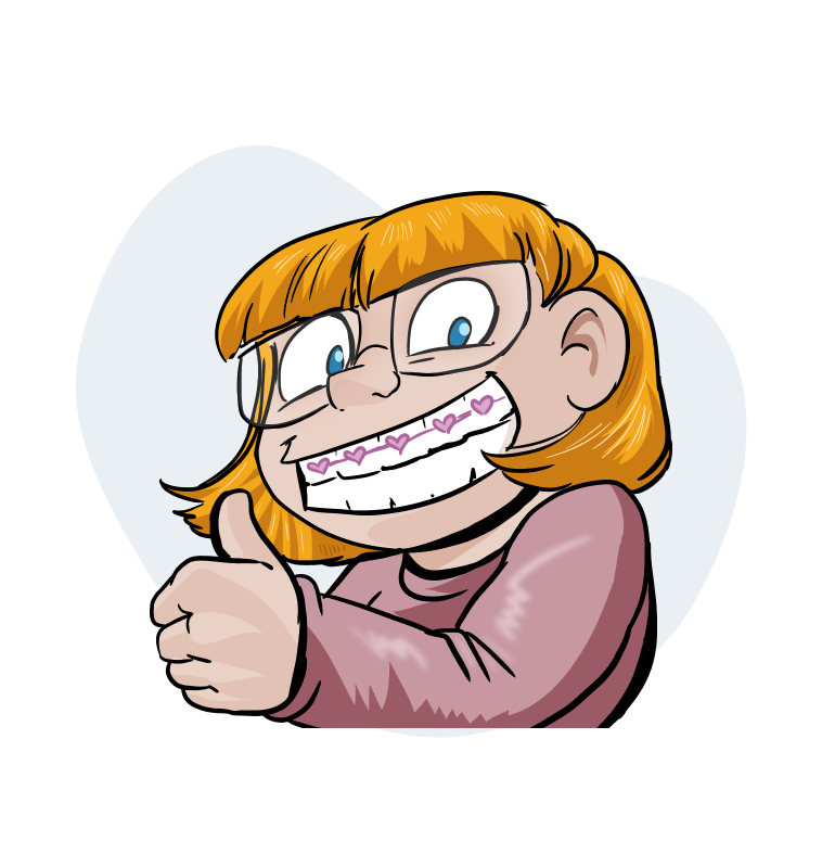 Cartoon Girl Character at The Super Dentists Wearing Braces & Giving Thumbs Up