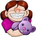 Cartoon Character of Young Girl Wearing BRaces Holding Stuffed Animal - The Super Dentists