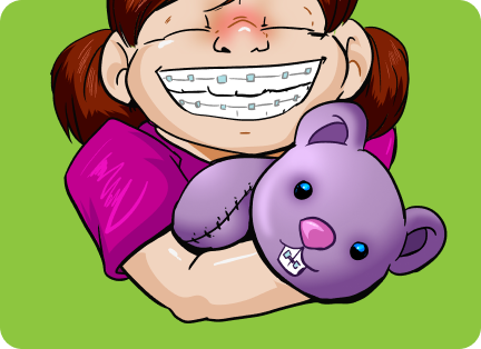 Cartoon Character of Young Girl Wearing BRaces Holding Stuffed Animal - The Super Dentists