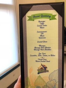full menu of free amenities at the super dentists