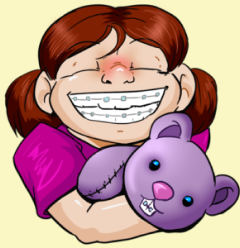 Cartoon Character of Young Girl Wearing BRaces Holding Stuffed Animal - The Super Dentists