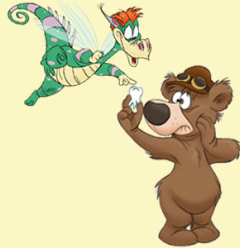 Cartoon Bear Handing Tooth to Cartoon Dragon showing Tooth Extractions - The Super Dentists
