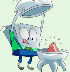Cartoon Dental Floss Character Holding Tooth Showing Pulpotomy - The Super Dentists