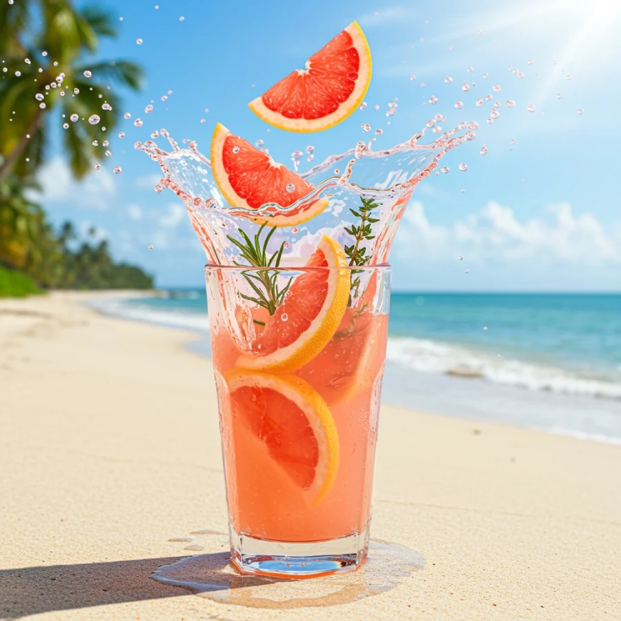 Glass filled with grapefruit juice and wedges of grapefruit falling into it causing a splash