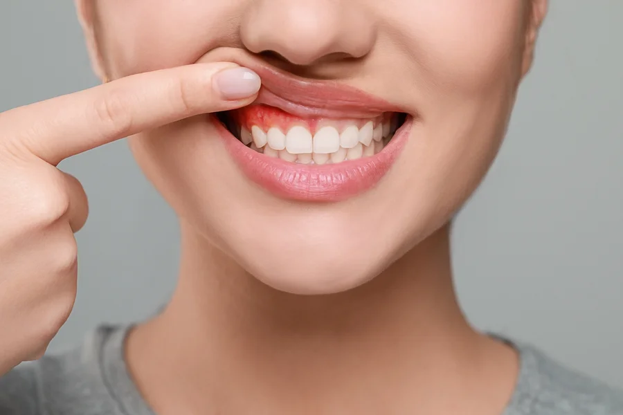 View of a woman’s gums with the left half showing redness and inflammation consistent with gingivitis and the right half showing only healthy gums