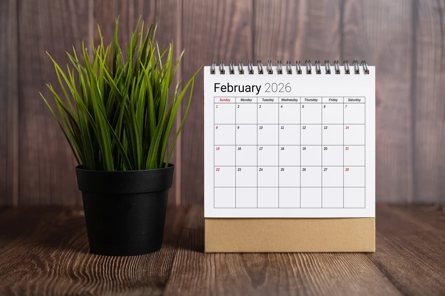 Calendar of the month of February 2026 placed next to a grass plant