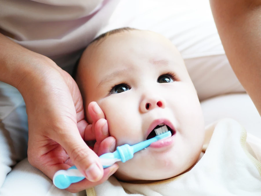 Parent brushes baby’s teeth with extra soft baby sized toothbrush and a rice sized grain of fluoride toothpaste