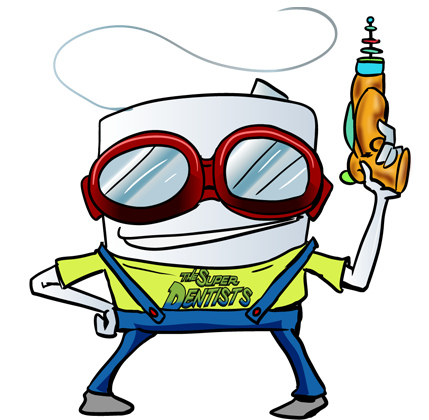 Cartoon Tooth Character with Sunglasses Holding Dental Drill - The Super Dentists
