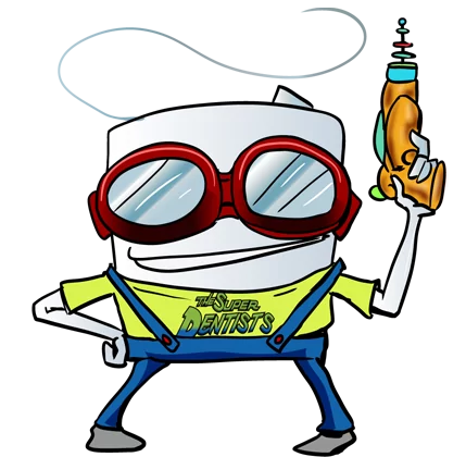 Cartoon Tooth Character with Sunglasses Holding Dental Drill - The Super Dentists