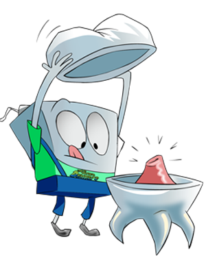 Cartoon Dental Floss Character Holding Tooth Showing Pulpotomy - The Super Dentists