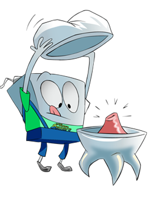 Cartoon Dental Floss Character Holding Tooth Showing Pulpotomy - The Super Dentists