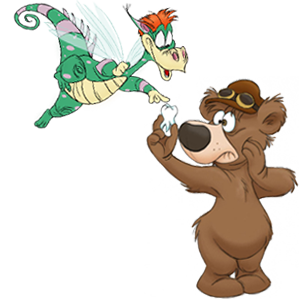 Cartoon Bear Handing Tooth to Cartoon Dragon showing Tooth Extractions - The Super Dentists