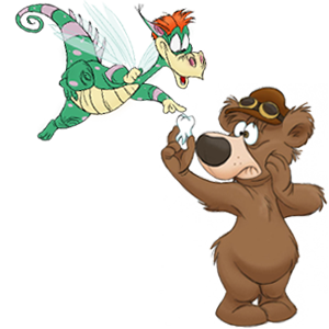 Cartoon Bear Handing Tooth to Cartoon Dragon showing Tooth Extractions - The Super Dentists