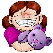 Cartoon Character of Young Girl Wearing BRaces Holding Stuffed Animal - The Super Dentists