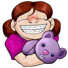 Cartoon Character of Young Girl Wearing BRaces Holding Stuffed Animal - The Super Dentists